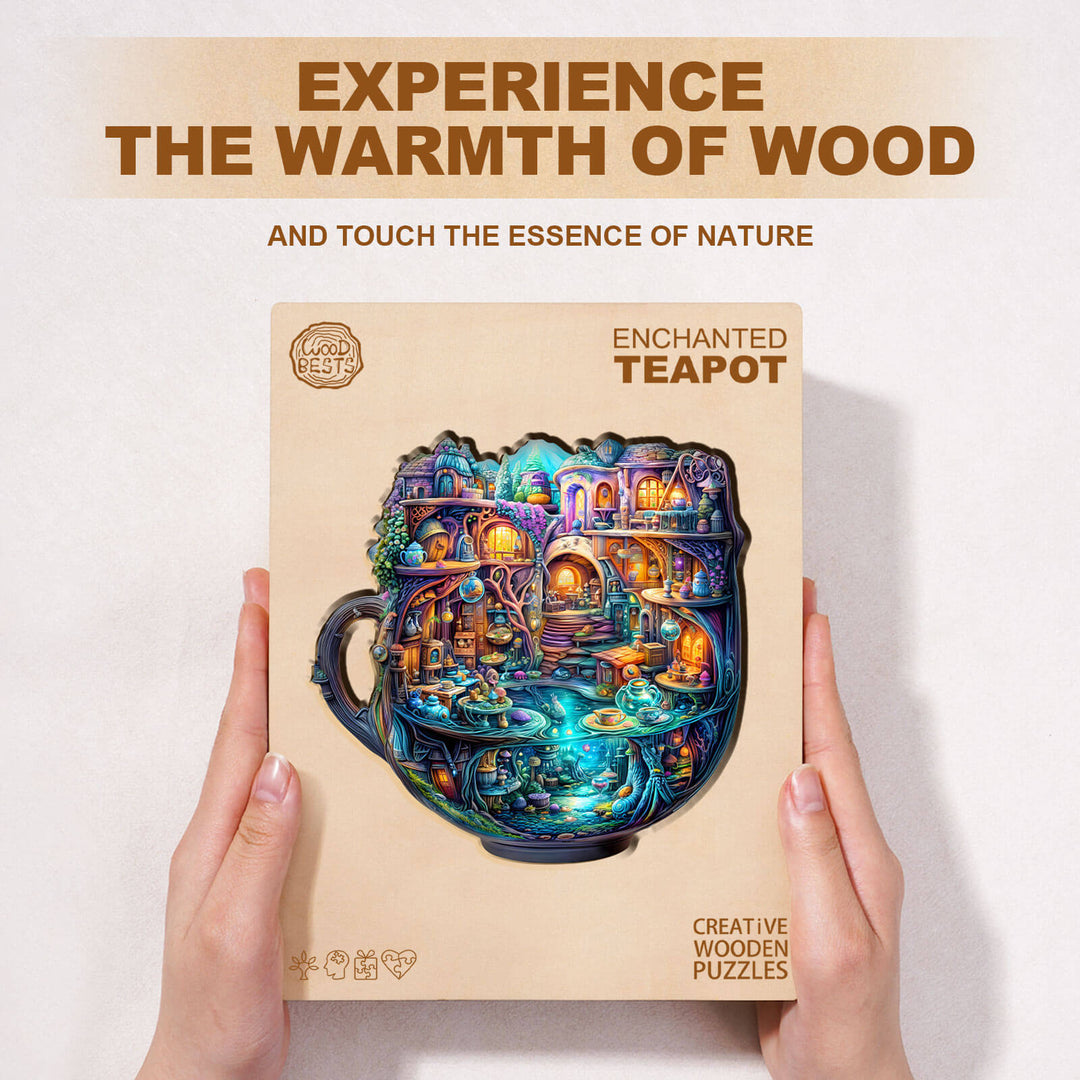 Enchanted Teapot wooden jigsaw puzzle box featuring vibrant artwork, promoting focus and creativity through puzzling.