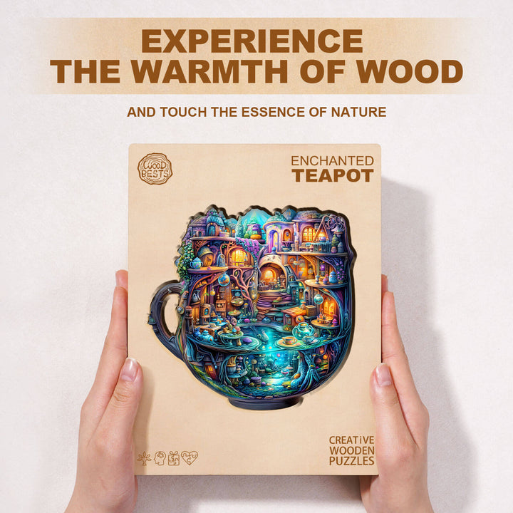 Enchanted Teapot wooden jigsaw puzzle box featuring vibrant artwork, promoting focus and creativity through puzzling.