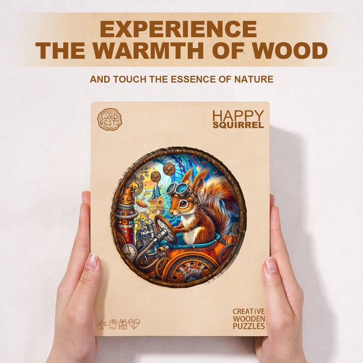 Happy Squirrel Wooden Jigsaw Puzzle box held by hands, showcasing colorful design and nature theme for engaging mind games.