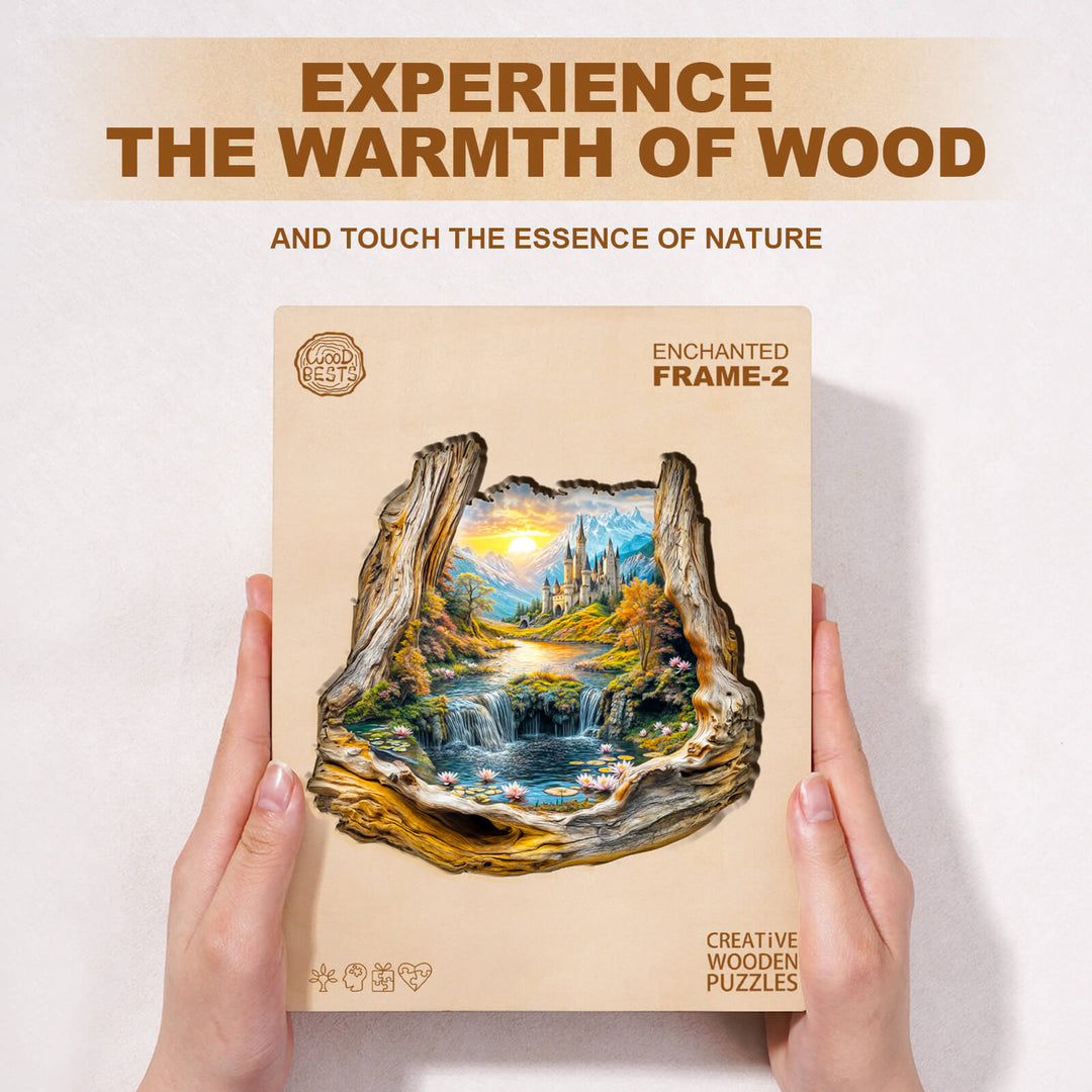 Enchanted Frame-2 wooden jigsaw puzzle showcasing nature's beauty, designed for mindful exploration and focus.