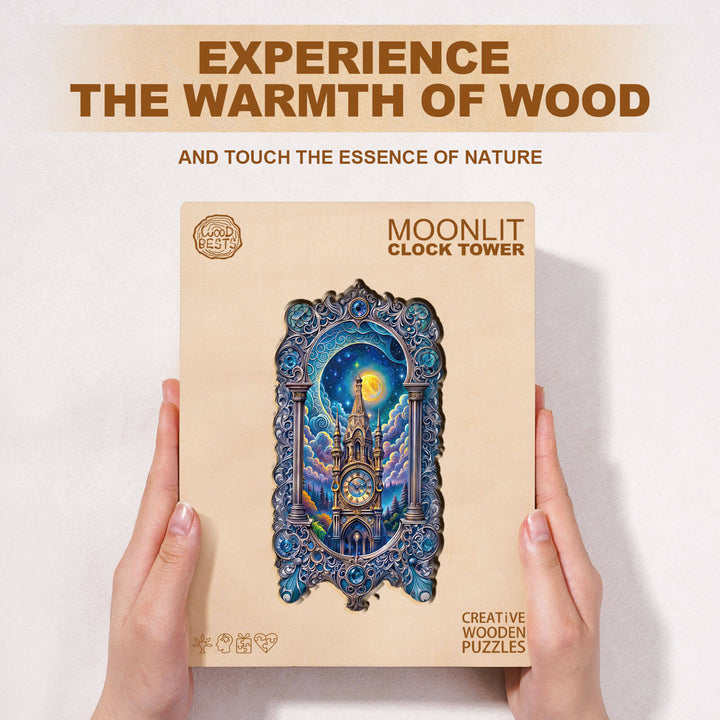 Moonlit clock tower wooden jigsaw puzzle box design, showcasing vibrant colors and intricate details, promoting focus and creativity.