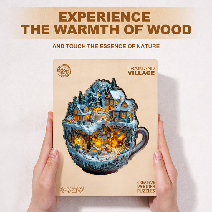 Train and Village wooden jigsaw puzzle featuring a cozy village scene for focused and fun mind games.