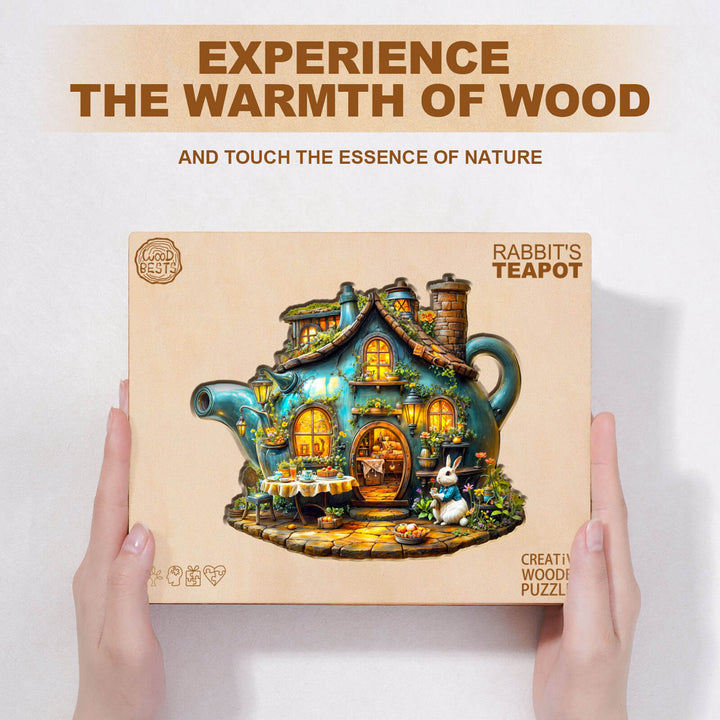 Rabbit's Teapot wooden jigsaw puzzle box featuring a whimsical design, promoting focus and creativity through playful mind games.