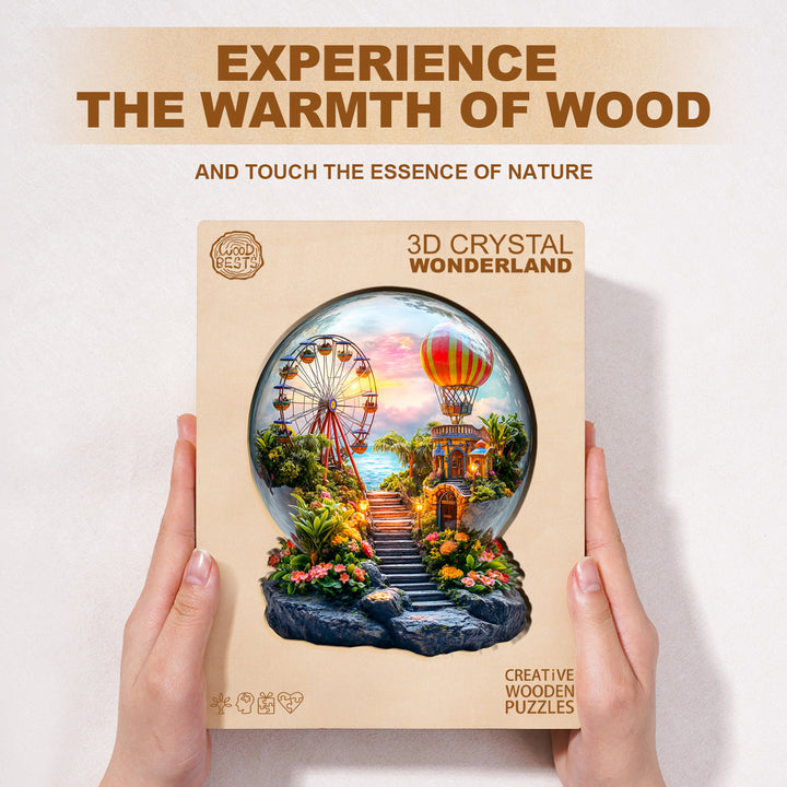 3D Crystal Wonderland wooden jigsaw puzzle package showcasing nature scenes and vibrant colors, ideal for puzzle enthusiasts.