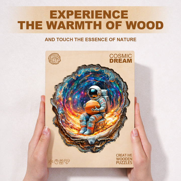Cosmic Dream wooden jigsaw puzzle box featuring an astronaut in a vibrant galaxy, capturing the essence of nature and creativity.