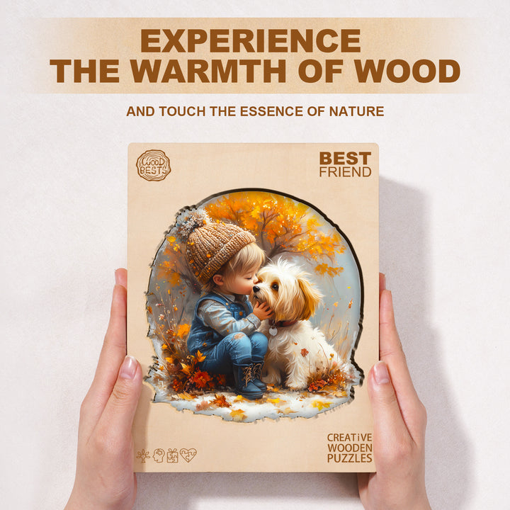 Best Friend Wooden Jigsaw Puzzle showcasing a child and dog, promoting focus and creativity through puzzle solving.