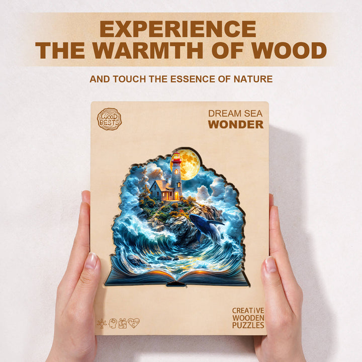 Dream Sea Wonder wooden jigsaw puzzle box showcasing a vibrant ocean scene with a lighthouse and the essence of nature.