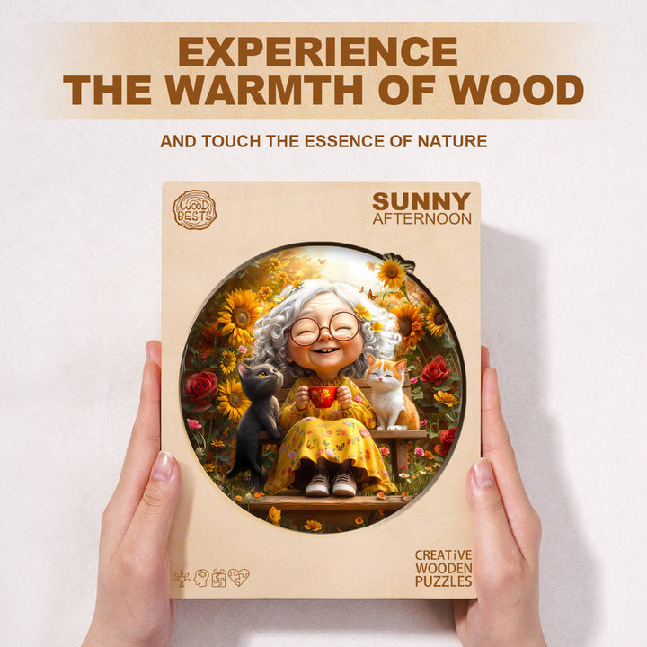Sunny Afternoon wooden jigsaw puzzle box featuring a joyful character with pets among sunflowers.