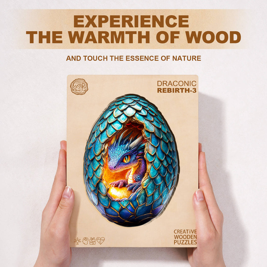 Draconic Rebirth-3 wooden jigsaw puzzle featuring a vibrant dragon egg design, showcasing nature's beauty.