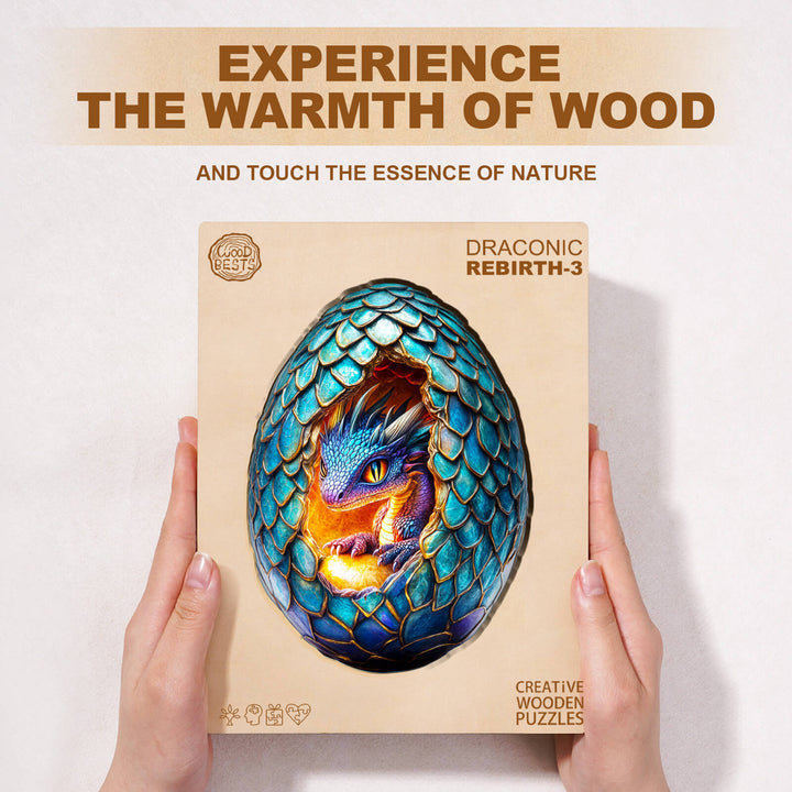 Draconic Rebirth-3 wooden jigsaw puzzle featuring a vibrant dragon egg design, showcasing nature's beauty.
