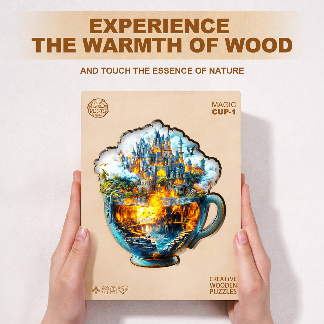Magic Cup-1 wooden jigsaw puzzle packaging showcasing intricate design and nature theme.