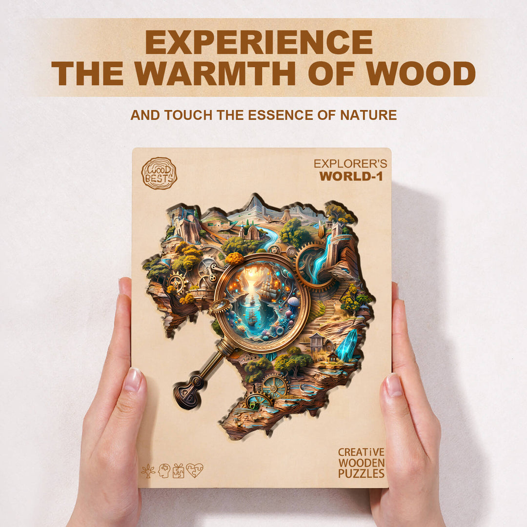 Explorer's World-1 wooden jigsaw puzzle showing vibrant nature scene, perfect for puzzle enthusiasts and mind games.