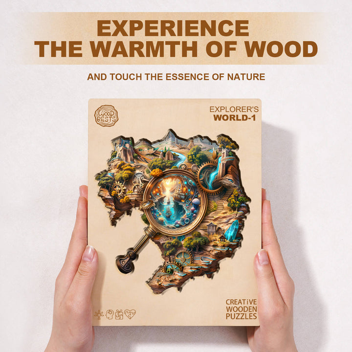 Explorer's World-1 wooden jigsaw puzzle showing vibrant nature scene, perfect for puzzle enthusiasts and mind games.