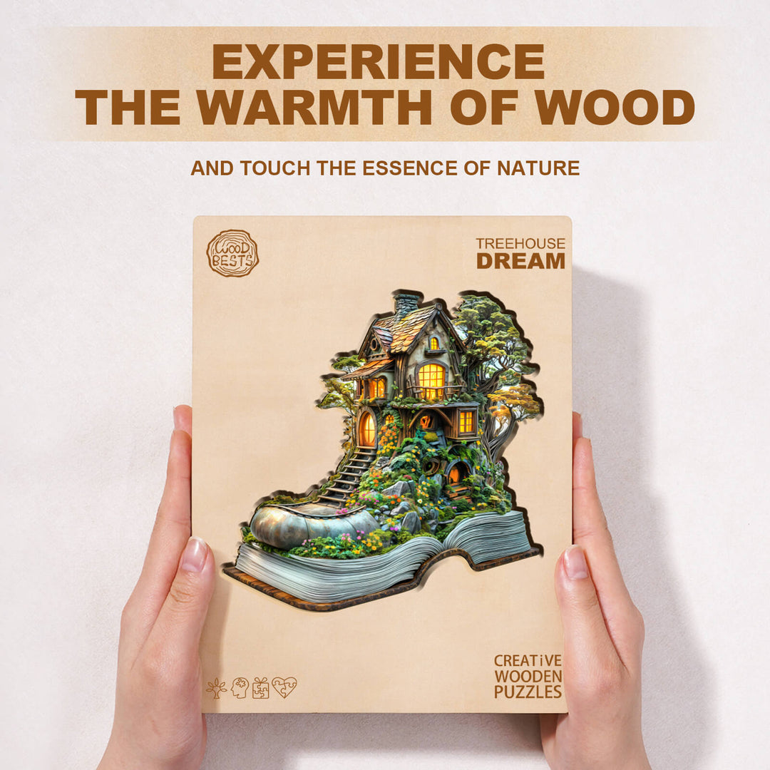 Treehouse Dream wooden puzzle box held in hands, showcasing a whimsical treehouse design and nature theme.