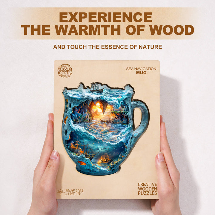 Sea navigation wooden jigsaw puzzle mug showcasing ocean scenery, perfect for enhancing focus and enjoying nature.