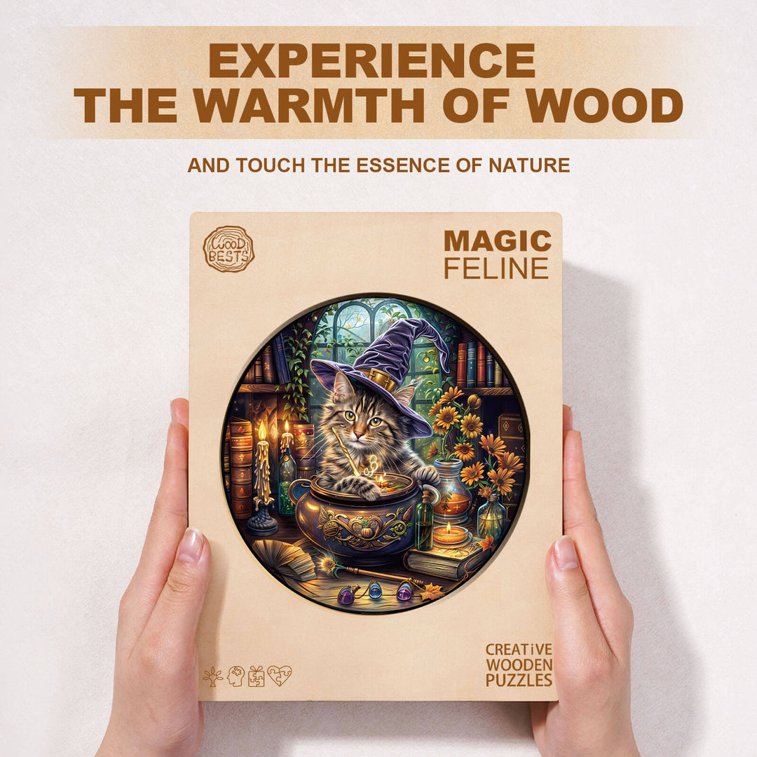 Magic Feline wooden jigsaw puzzle showcasing a cat in a wizard hat, promoting focus and creativity in puzzle-solving.