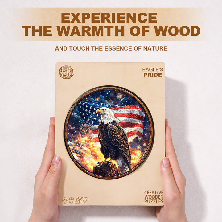Eagle's Pride wooden jigsaw puzzle showcasing an eagle in front of an American flag, emphasizing nature and craftsmanship.