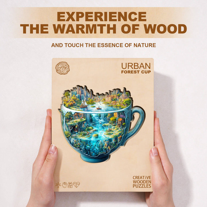 Urban Forest Cup wooden jigsaw puzzle box showcasing nature and creative design. Ideal for mind games and enhancing focus.