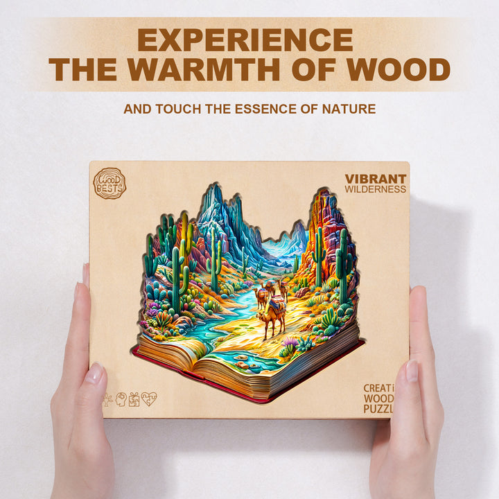 Vibrant Wilderness wooden jigsaw puzzle showcasing colorful nature scenery, designed for engaging mind games.