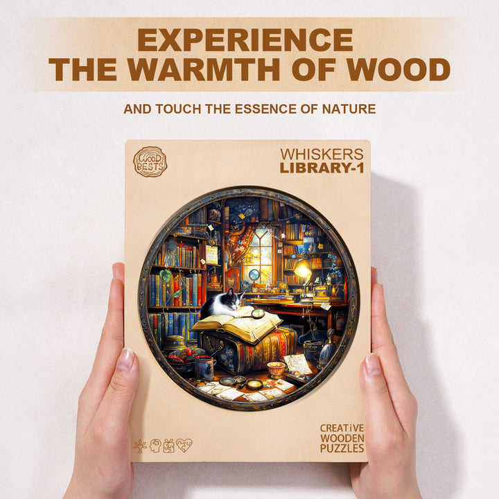 Whiskers Library-1 Wooden Jigsaw Puzzle box featuring a cozy library scene for mindful puzzle exploration.