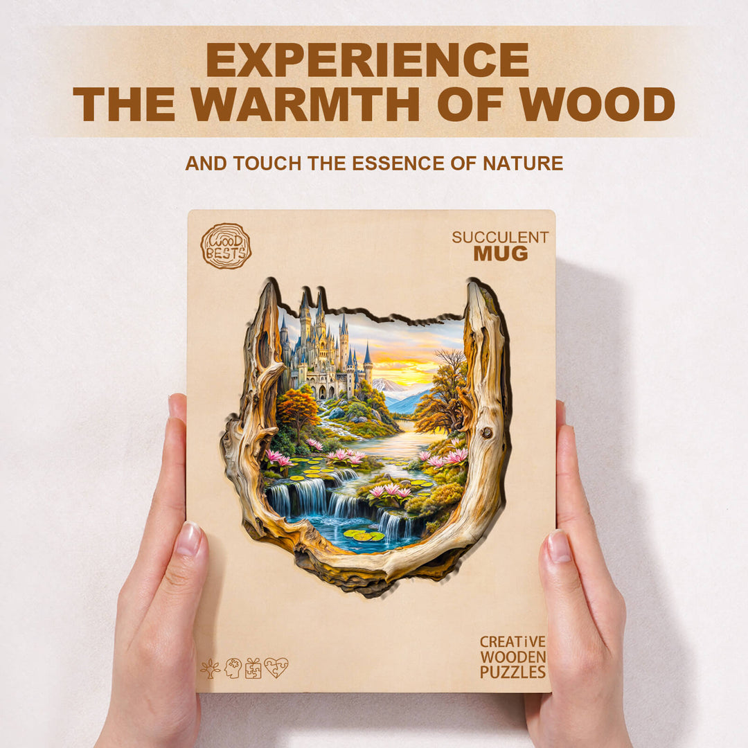 Wooden puzzle box featuring a picturesque landscape scene with a castle and lush nature elements.