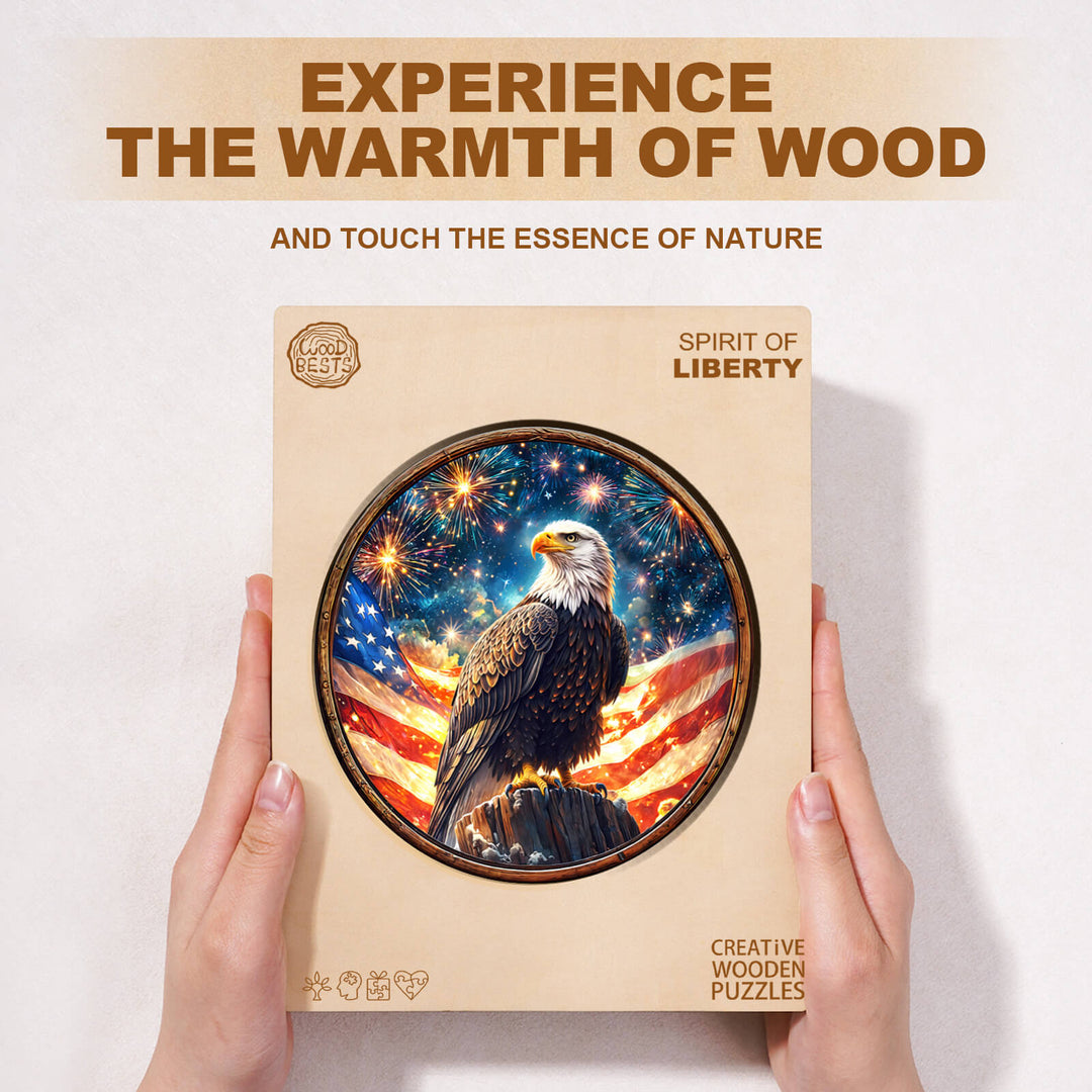 Spirit of Liberty wooden jigsaw puzzle showcasing an eagle with an American flag background, promoting focus and brain games.