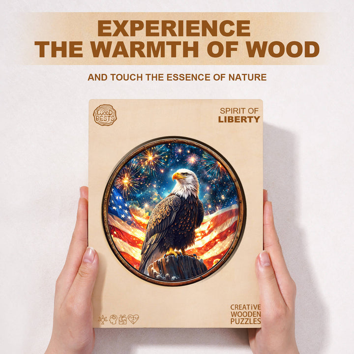 Spirit of Liberty wooden jigsaw puzzle showcasing an eagle with an American flag background, promoting focus and brain games.