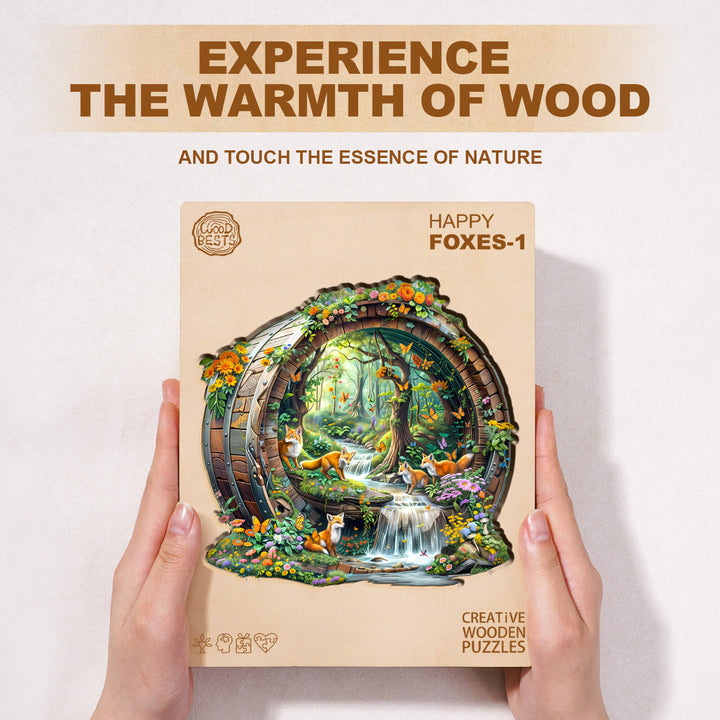 Happy Foxes-1 wooden jigsaw puzzle featuring a vibrant forest scene with foxes and nature elements.