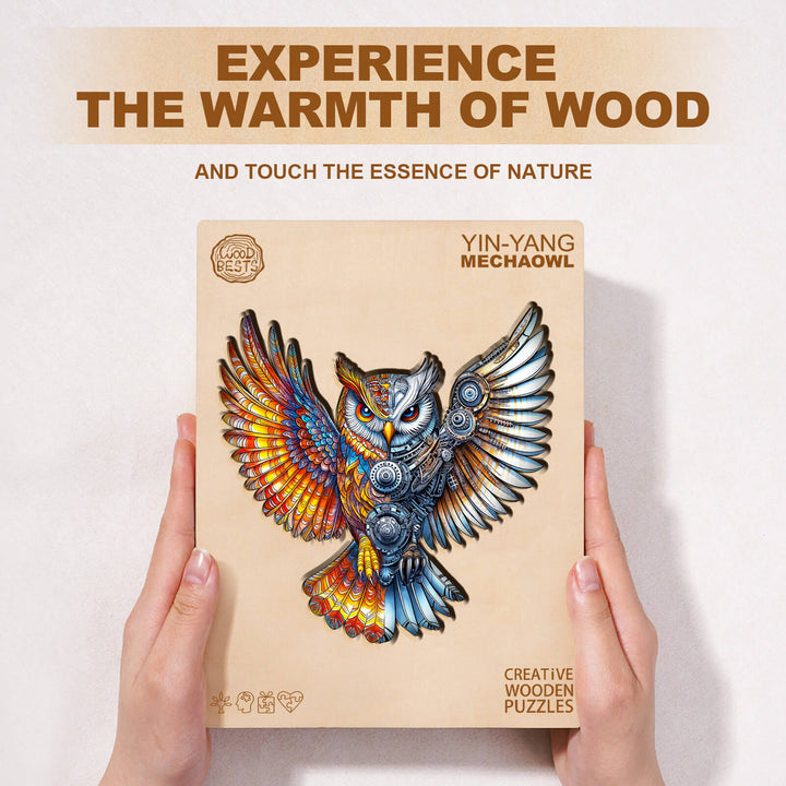 Yin-Yang MechaOwl wooden jigsaw puzzle packaging showcasing vibrant owl design, perfect for puzzle enthusiasts.