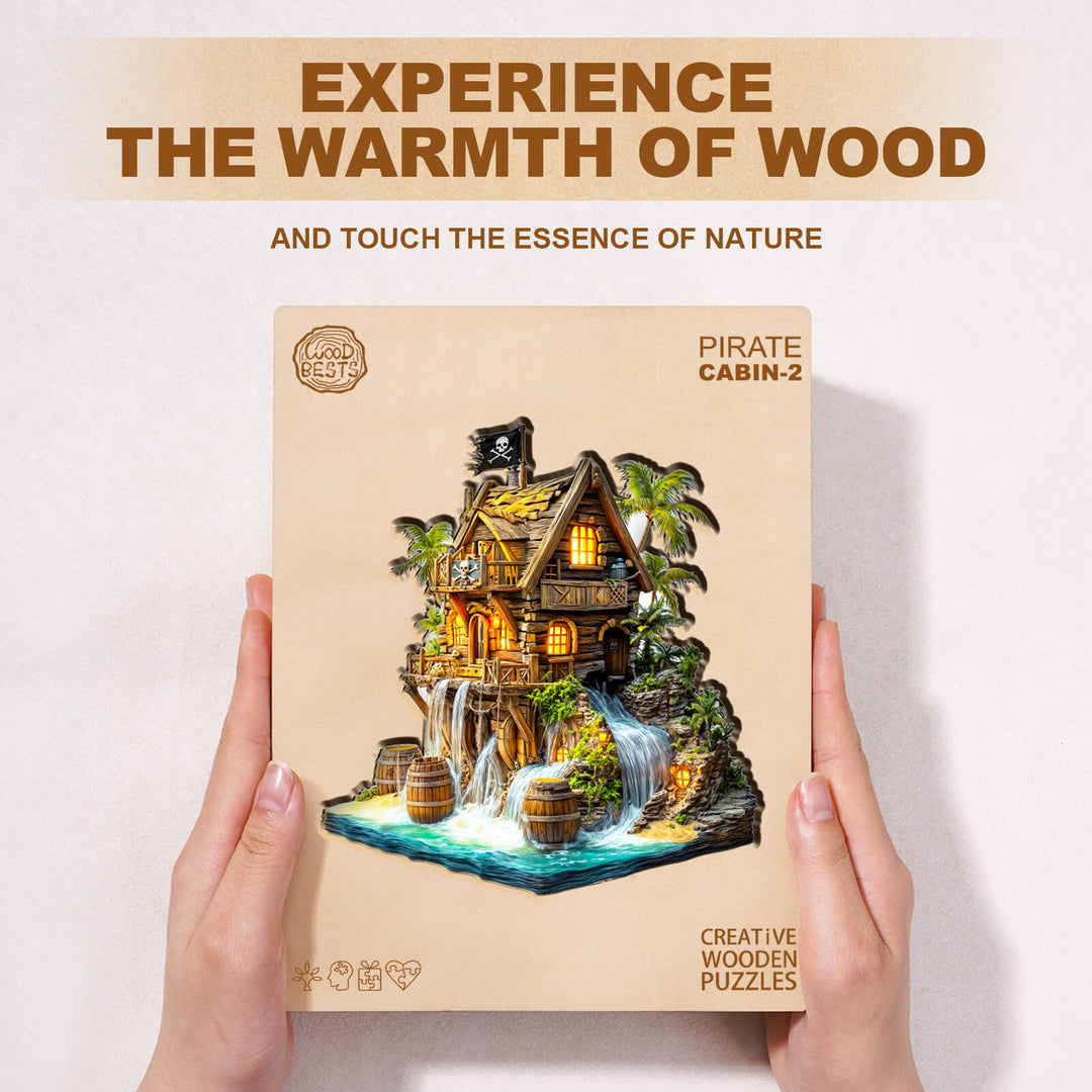 Pirate Cabin-2 wooden jigsaw puzzle box displaying a picturesque cabin and nature, perfect for cognitive exploration.