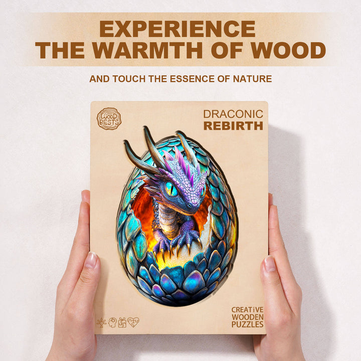 Draconic Rebirth wooden jigsaw puzzle packaging featuring a colorful dragon design, highlighting the warmth of wood and nature.