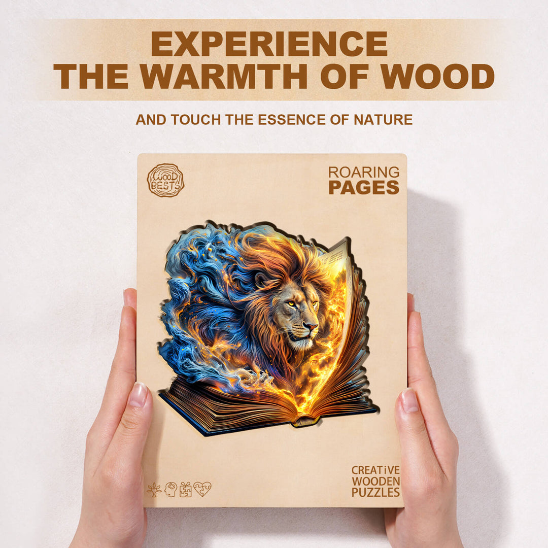 Roaring Pages wooden jigsaw puzzle featuring a lion and an open book, emphasizing nature and creativity.