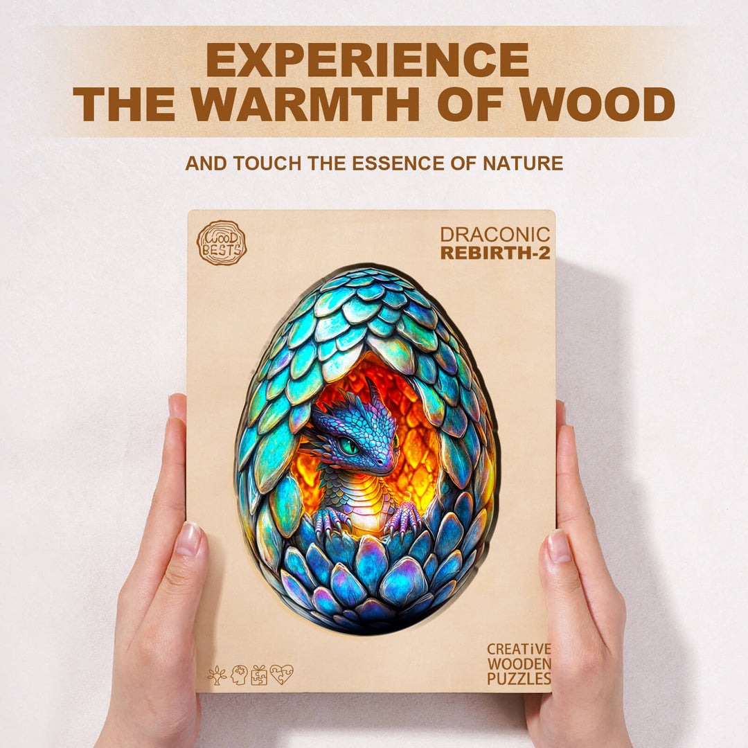 Draconic Rebirth-2 wooden jigsaw puzzle box featuring a colorful dragon egg design, promoting creativity and mental focus.