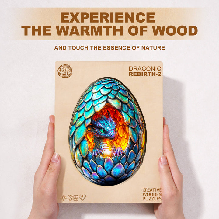 Draconic Rebirth-2 wooden jigsaw puzzle box featuring a colorful dragon egg design, promoting creativity and mental focus.