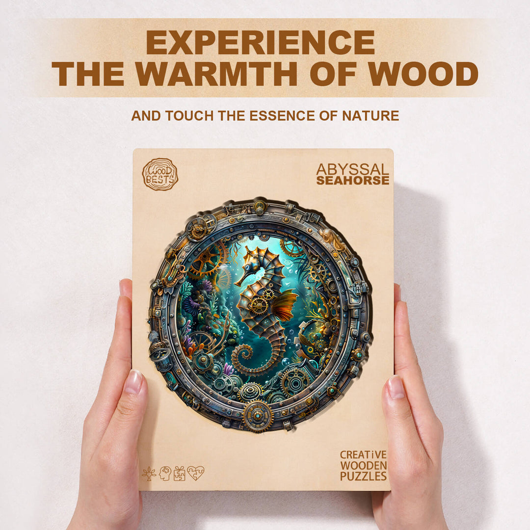 Abyssal seahorse wooden jigsaw puzzle featuring vibrant ocean design, encouraging focus and creativity.