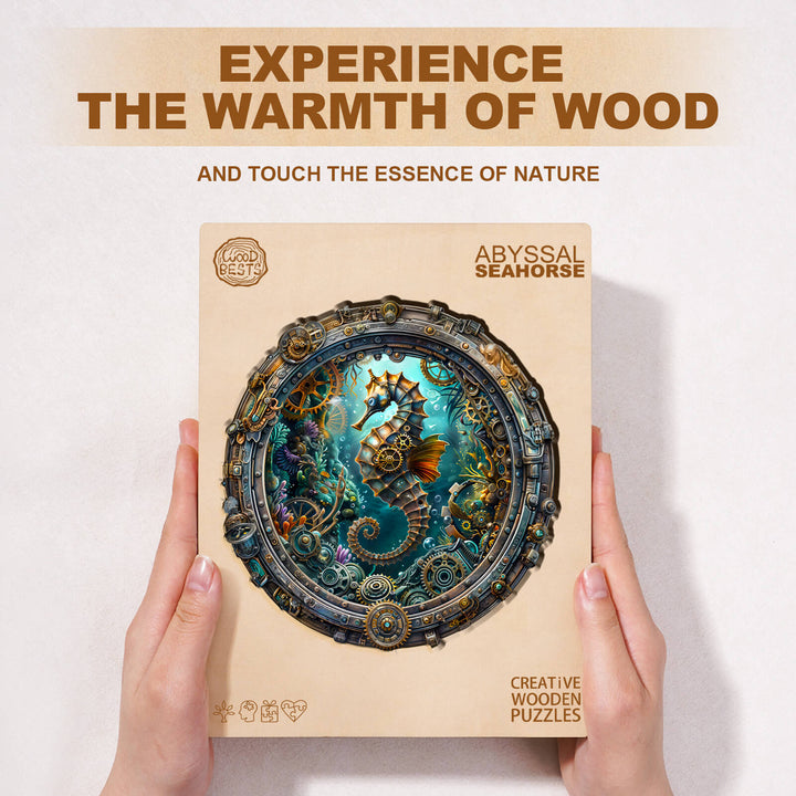 Abyssal seahorse wooden jigsaw puzzle featuring vibrant ocean design, encouraging focus and creativity.