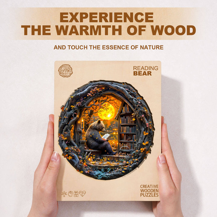 Reading Bear wooden jigsaw puzzle showcasing a cozy bear scene, perfect for enhancing focus and mental skills.