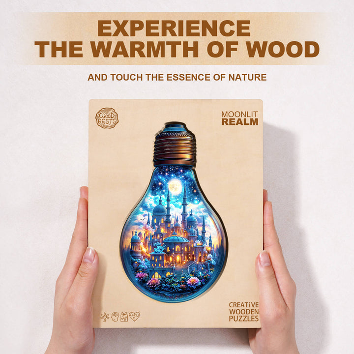Moonlit Realm Wooden Jigsaw Puzzle packaging held in hands, showcasing a vibrant cityscape in a lightbulb design.