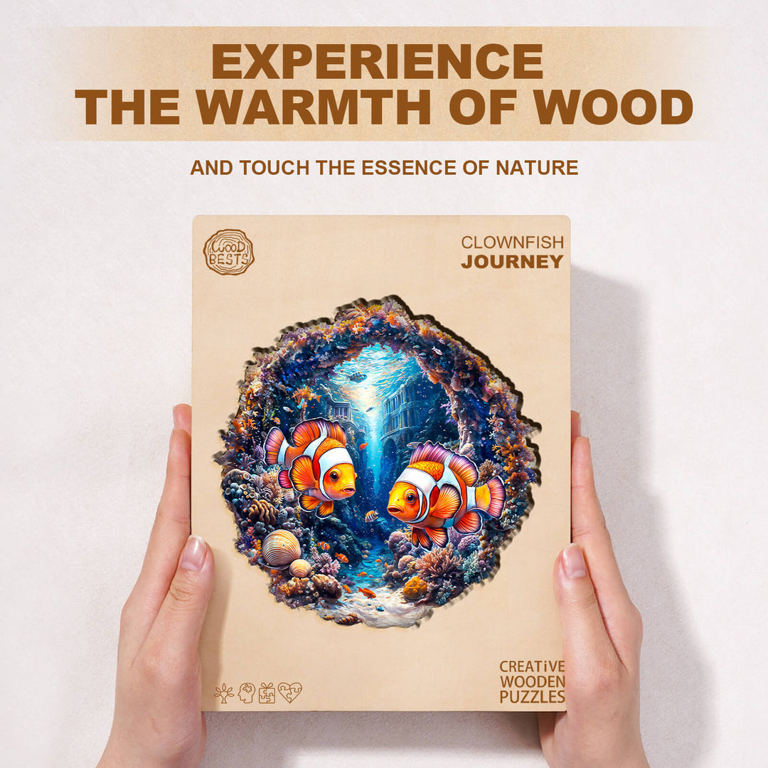Clownfish Journey wooden jigsaw puzzle showcasing vibrant clownfish in a natural underwater scene for puzzle enthusiasts.