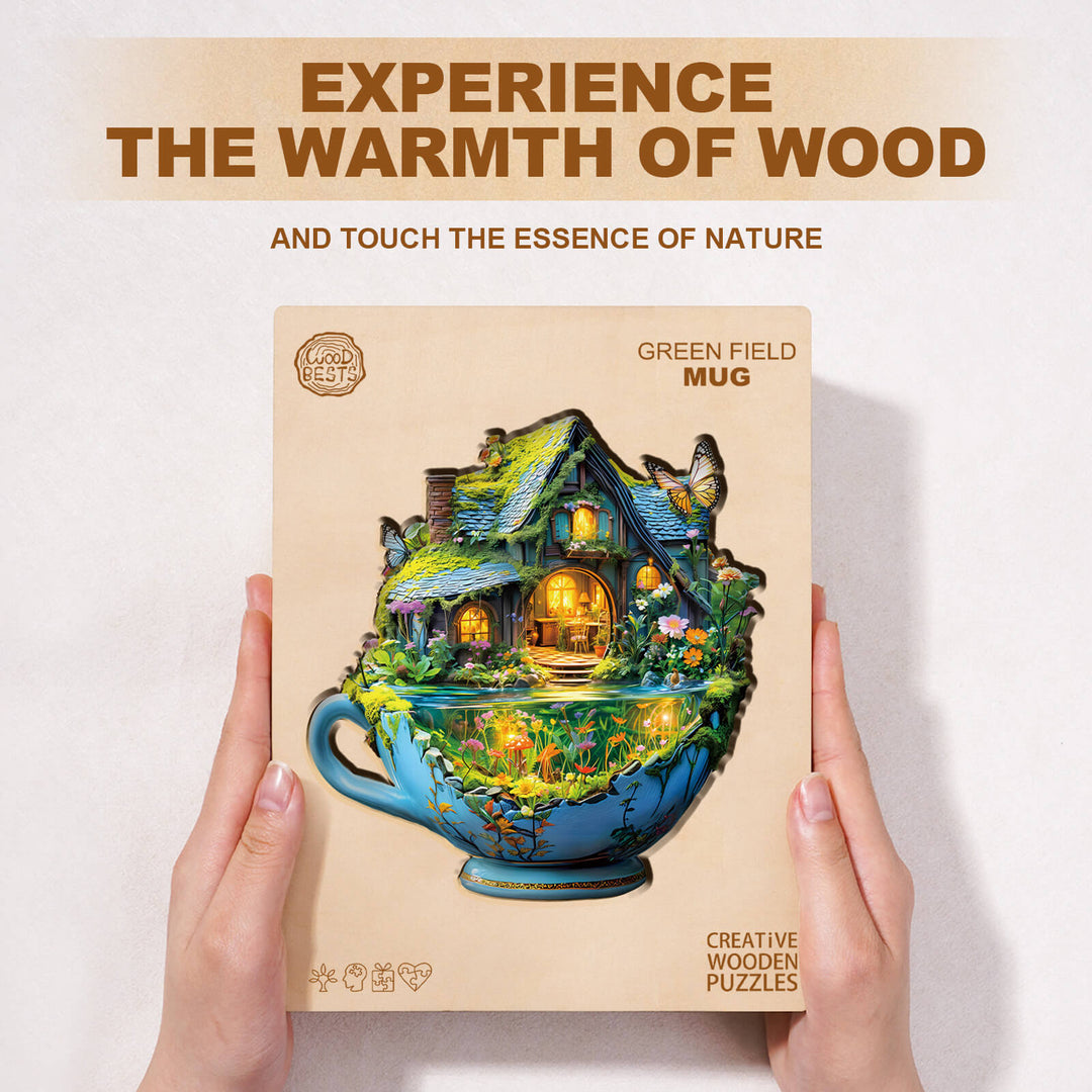 Green Field mug wooden jigsaw puzzle, embracing nature's warmth in a creative and engaging design.