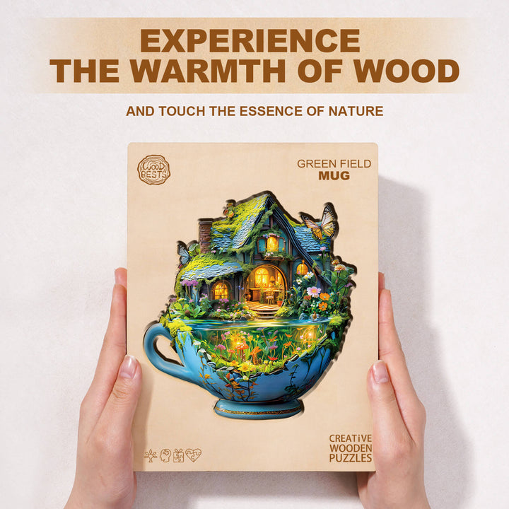 Green Field mug wooden jigsaw puzzle, embracing nature's warmth in a creative and engaging design.