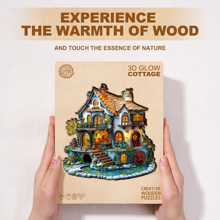 3D Glow Cottage wooden jigsaw puzzle showcasing a cozy cottage design, perfect for puzzle lovers and brain games.