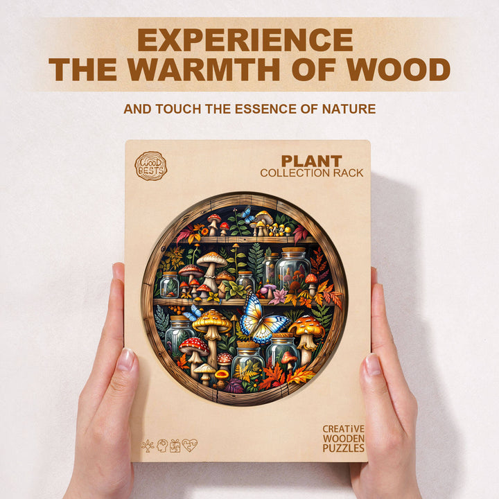 Colorful Plant Collection Rack jigsaw puzzle featuring mushrooms and butterflies, designed for mindfulness and creativity.