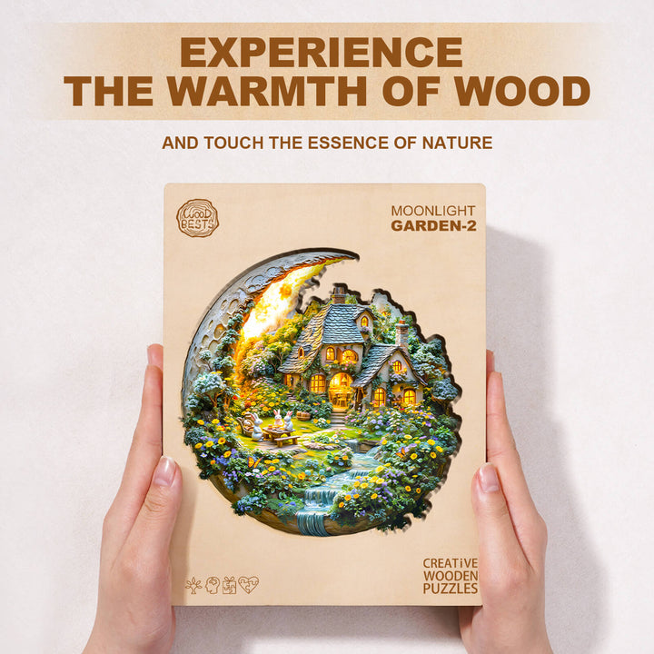 Moonlight Garden-2 wooden jigsaw puzzle showcasing a serene nature scene, ideal for puzzle lovers and mind game enthusiasts.