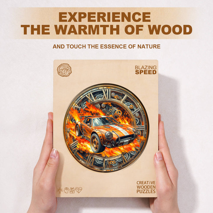 Blazing Speed wooden jigsaw puzzle featuring a racing car design, promoting focus and mental engagement in puzzling.