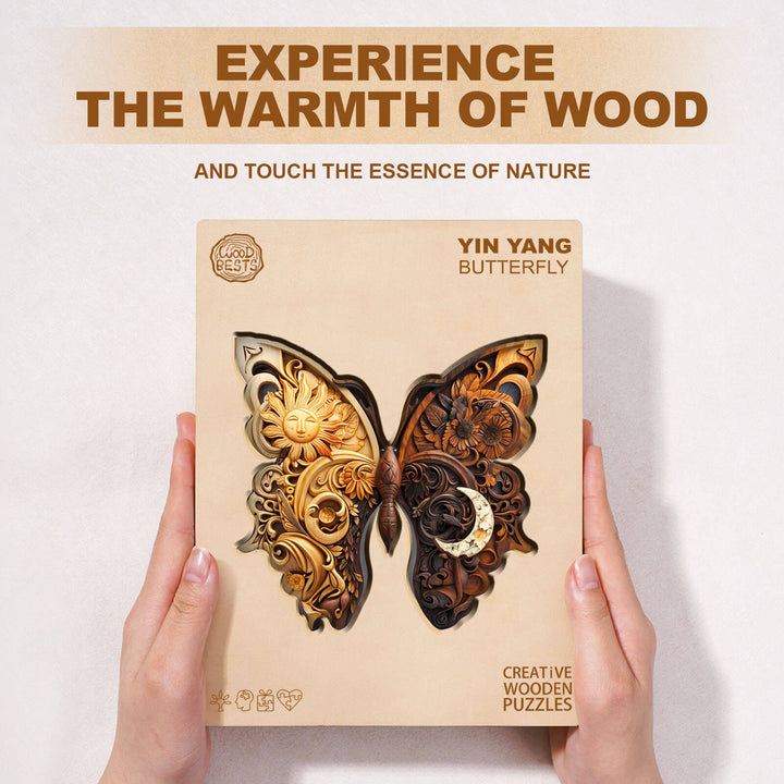 Yin Yang Butterfly wooden jigsaw puzzle, showcasing intricate design and natural wood essence.
