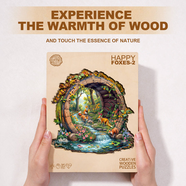Happy Foxes-2 wooden jigsaw puzzle showcasing a scenic nature design with playful foxes by a stream.