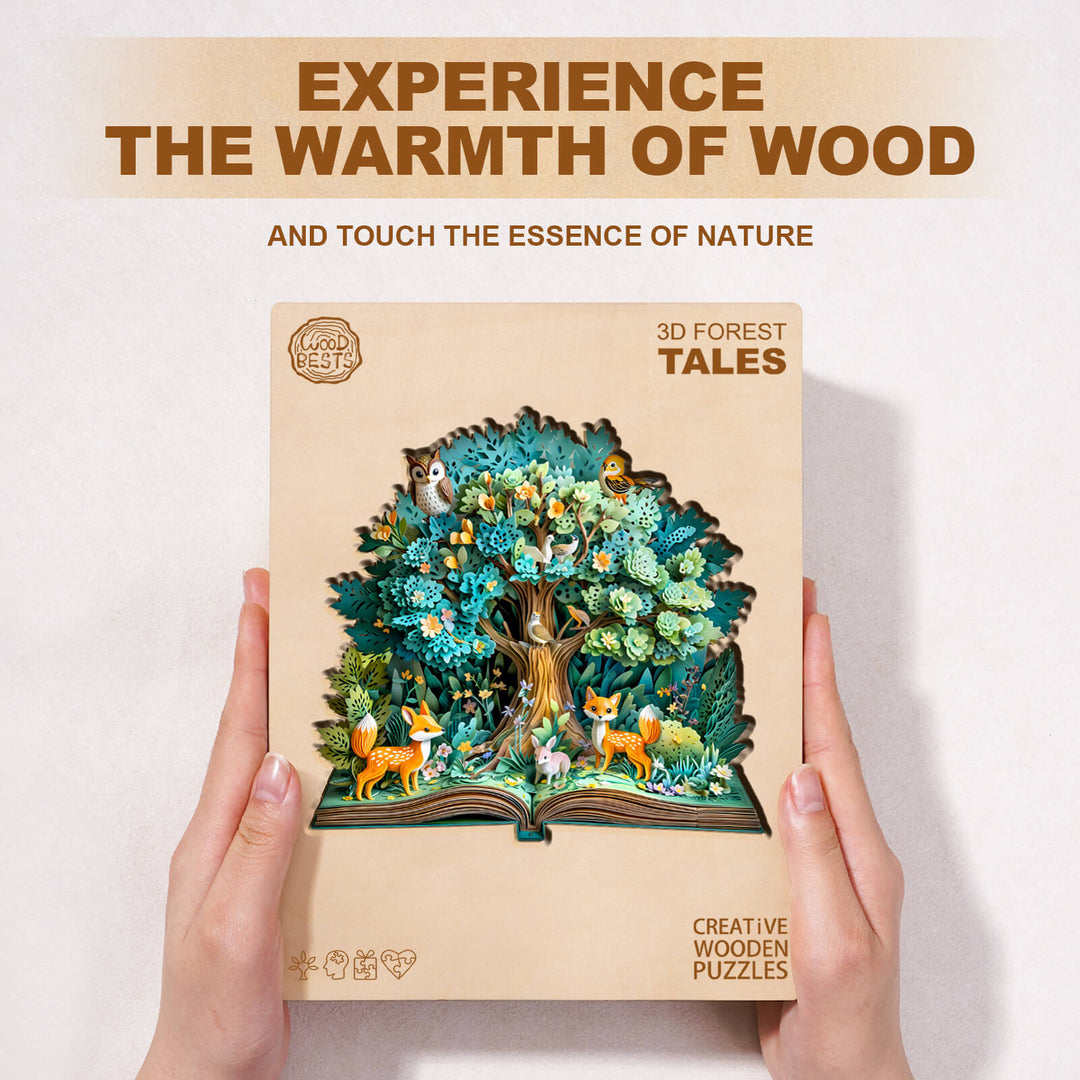 3D Forest Tales wooden jigsaw puzzle, showcasing vibrant nature elements and animals.