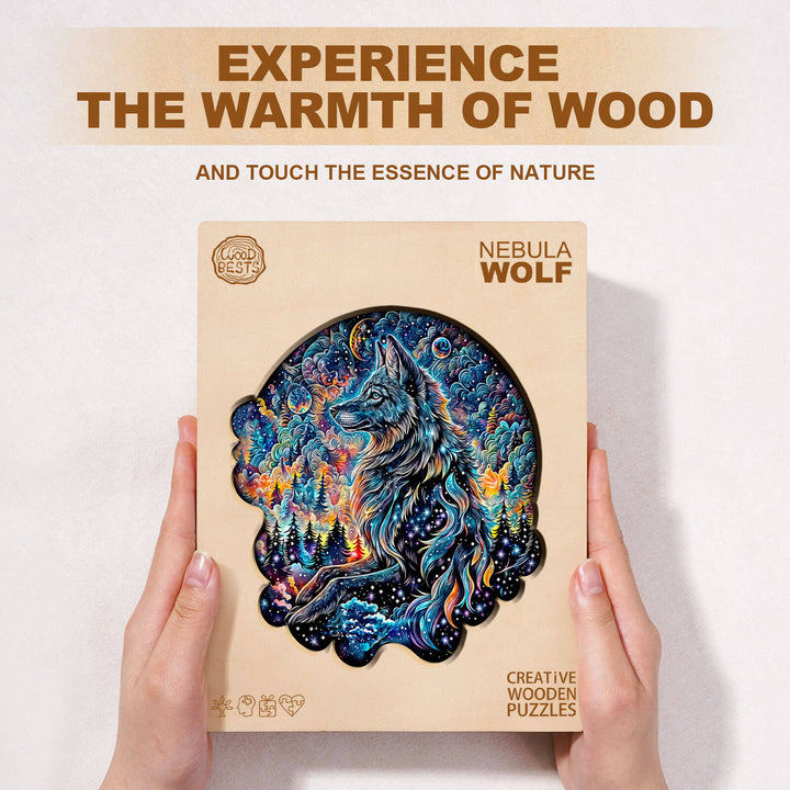 Nebula Wolf wooden jigsaw puzzle showcasing vibrant wolf design, promoting focus and cognitive skills.