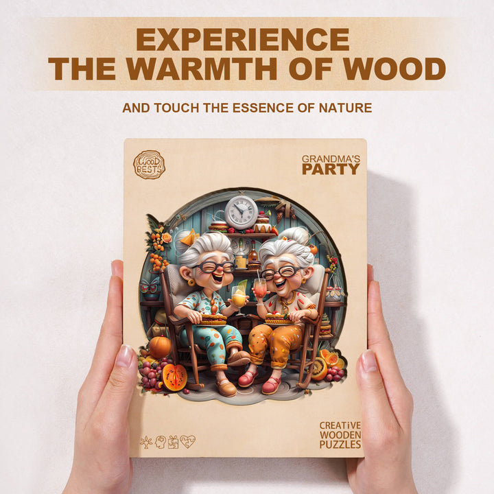 Grandma's Party wooden jigsaw puzzle featuring two grandmothers enjoying tea, showcasing warmth and creativity.